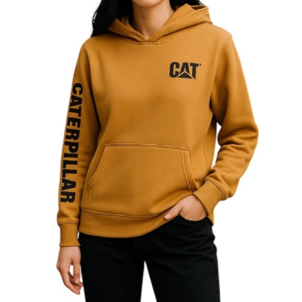 CAT Caterpillar Girls Pullover Hoodie Dijon Brown Embroidered Logo Spellout XL